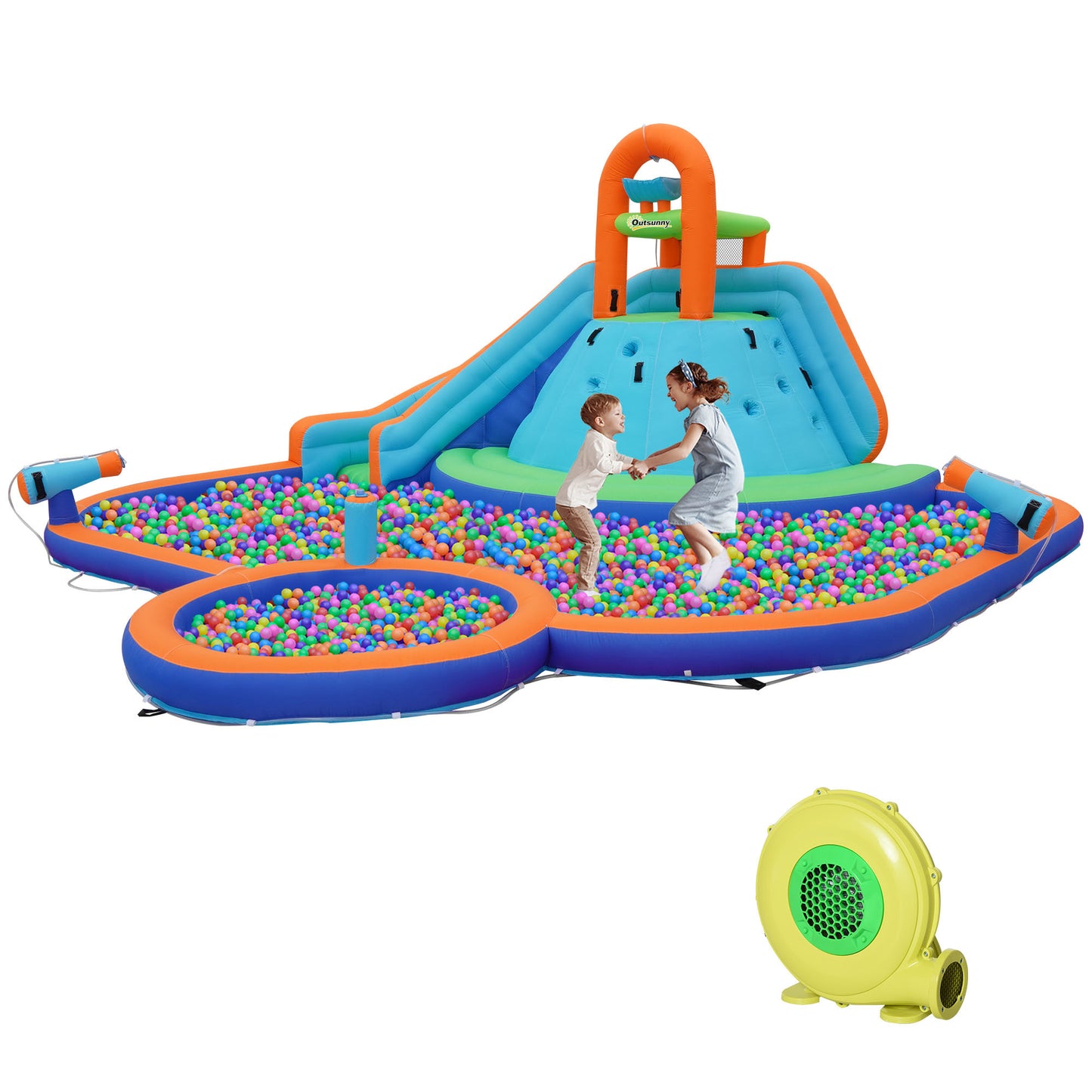 Outsunny Kids Inflatable Water Slide 4-in-1 Bounce House Water Park Jumping Castle with Water Pool, Slide, Climbing Walls, & 2 Water Cannons, 450W Air Blower