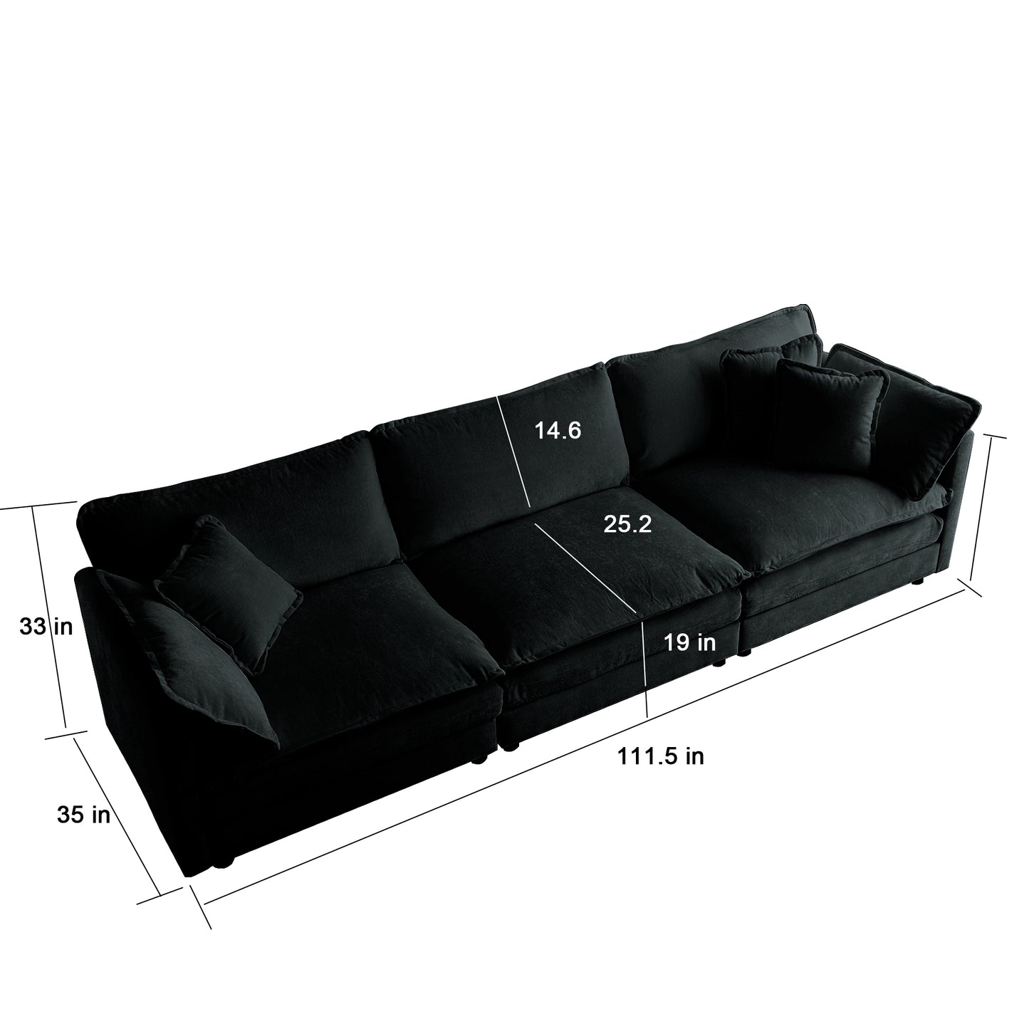 2-Piece Upholstered Sofa, Living Room Sectional Sofa Set Modern Sofa Couches Set , Deep Seat Sofa for Living Room Apartment, 1+3 Seat Black Chenille