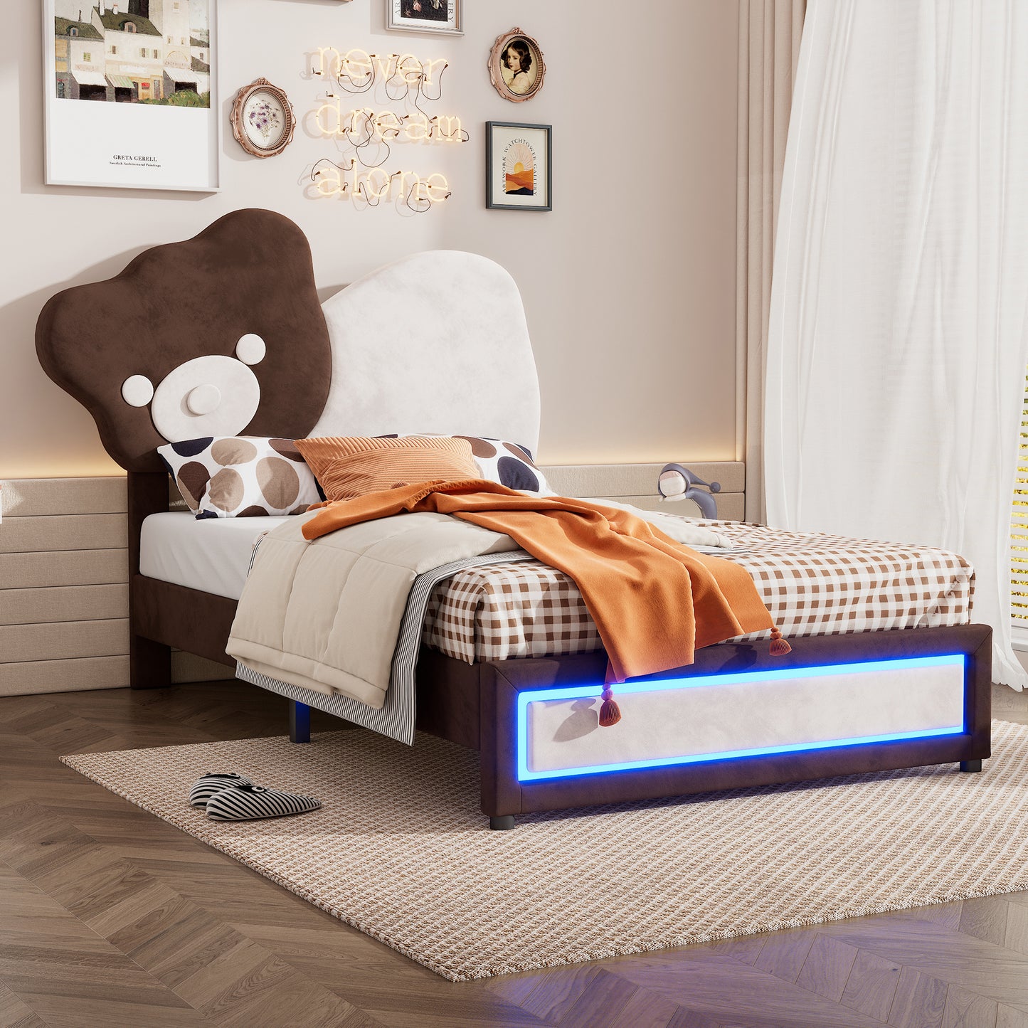 Twin Size Upholstered Platform Bed with Bear Shaped Headboard, LED Light Strips, White + Brown