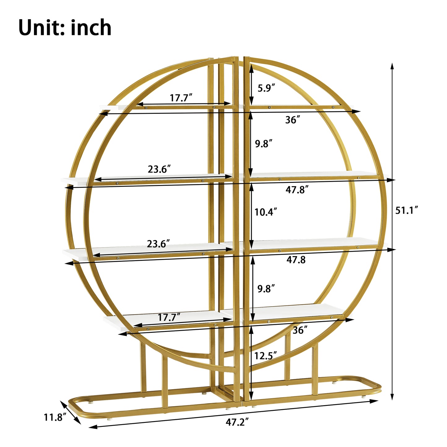 4 Tiers Home Office Open Bookshelf, Round Shape, Different Placement Ways, MDF Board, Gold Metal Frame, White