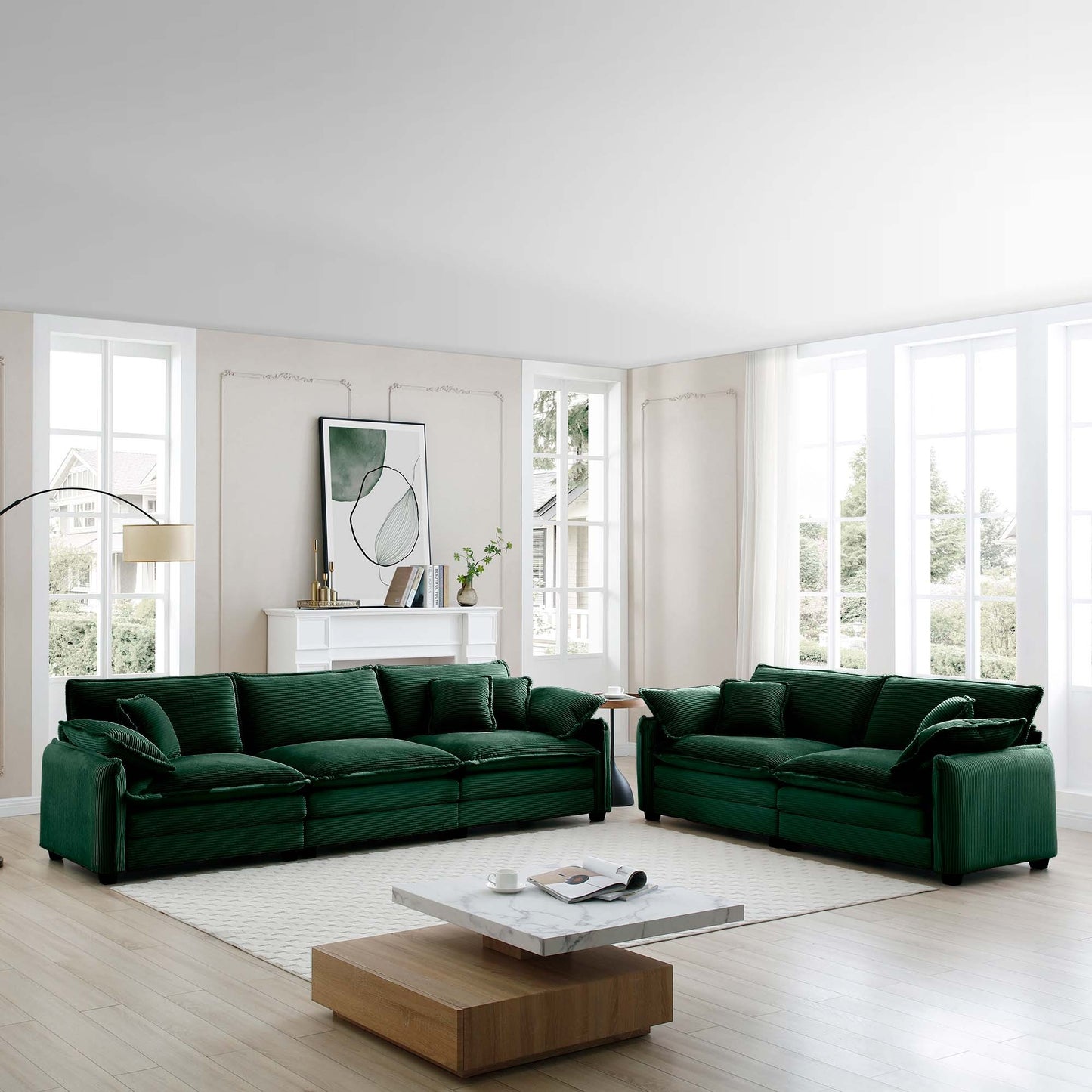 Family sofa set Deep Seat Sofa, Warm Sofa for Home Cinema and Living Room, One 2-Seater Sofa and One 3-Seater Sofa,Green Corduroy