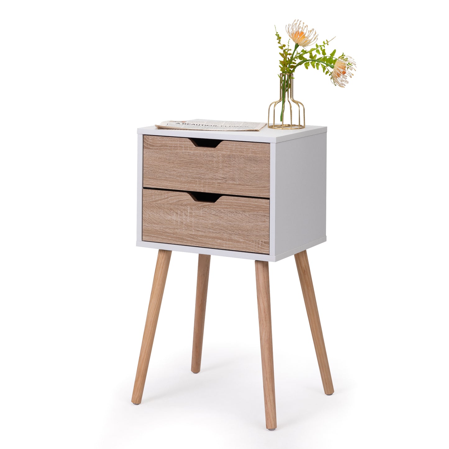Nightstand with 2 Drawers, Bedside Tables with Solid Wood Legs and Storage, End Table, Side Table, Bedside Furniture for Bedroom, Living Room, White Walnut