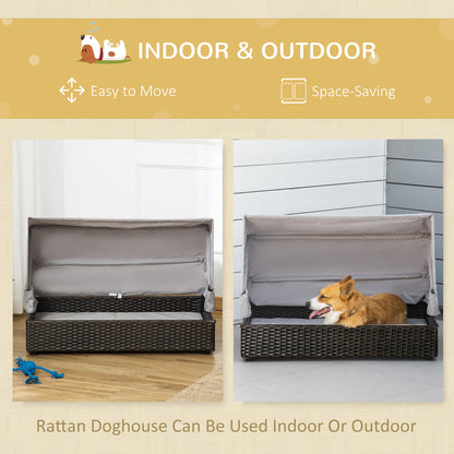 PawHut Rattan Dog Bed, Elevated Pet Sofa, Wicker Cat House, Indoor/Outdoor Use, for Garden Patio with Foldable Canopy, for Small or Medium-Sized Pets, Coffee