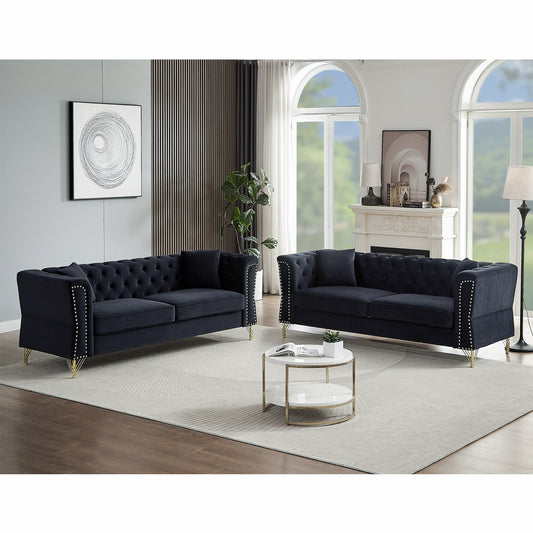 3-seater + 3-seater Combination Sofa Tufted Couch with Rolled Arms and Nailhead for Living Room, Bedroom, Office, Apartment, four pillows