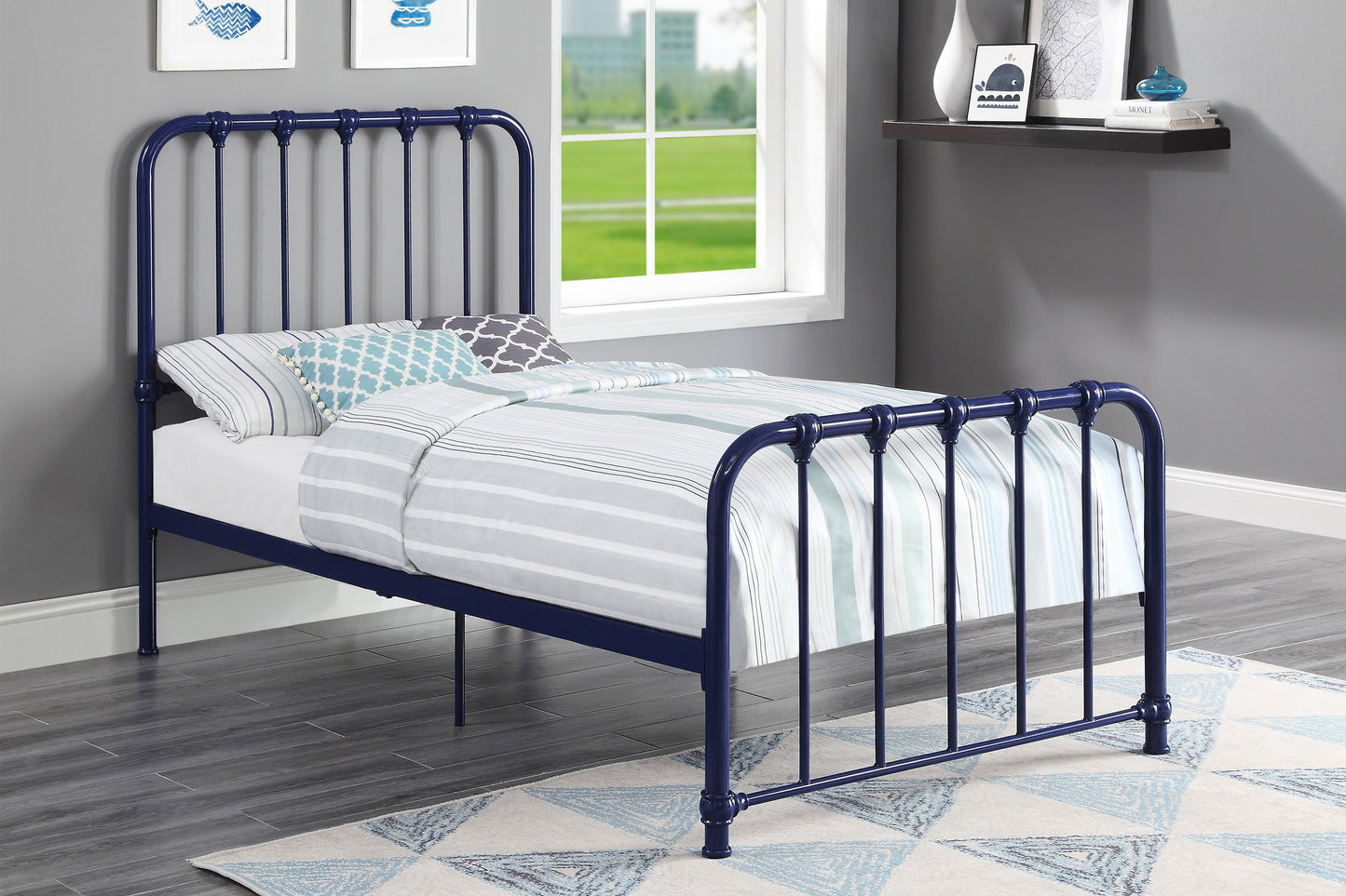 Metal Bed Blue Finish Twin Platform Bed 1pc, Bed in a Box