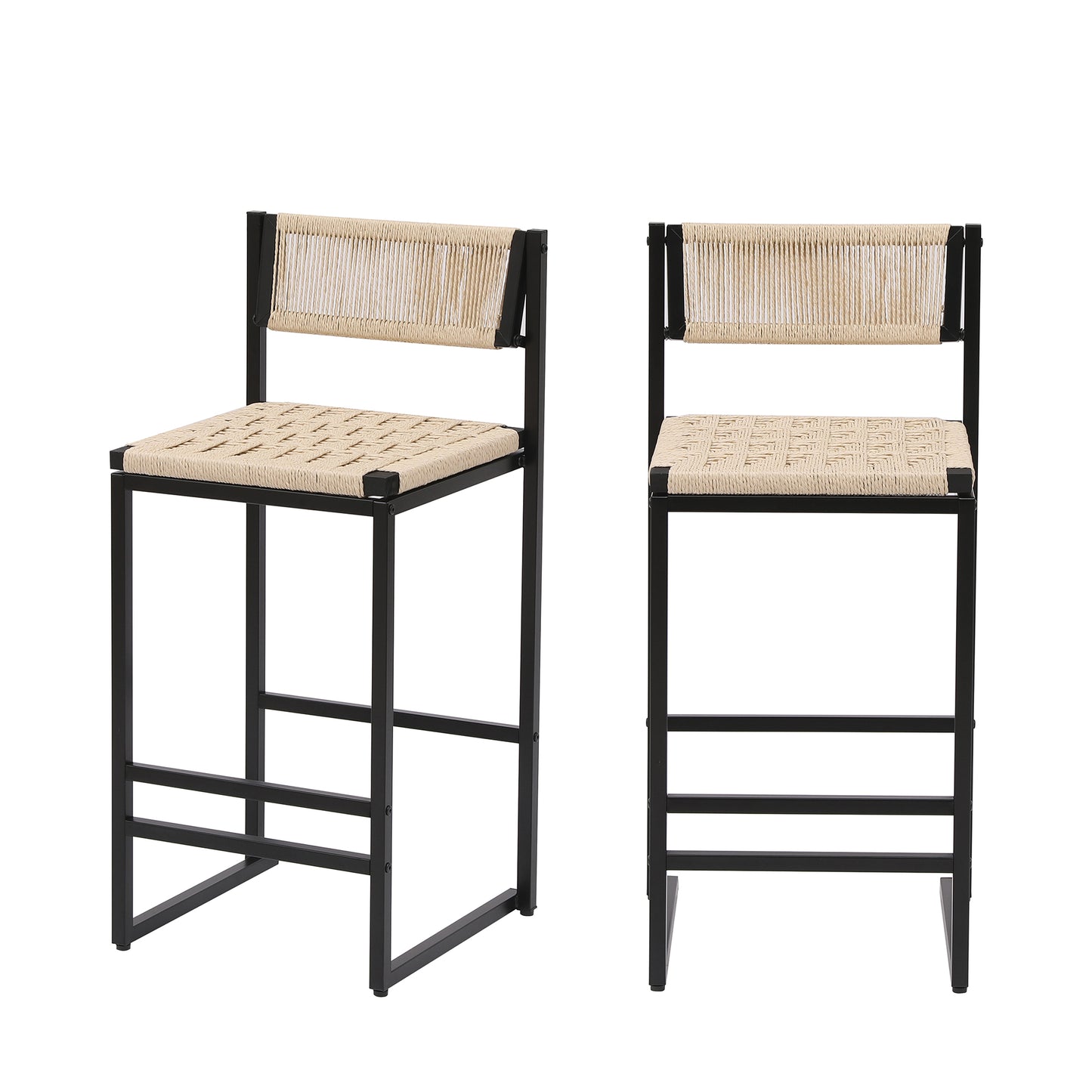 Style B Black & Creamy White Woven Bar Stools with Backrest, Paper Rope Weave Dining Chairs for Kitchen Island