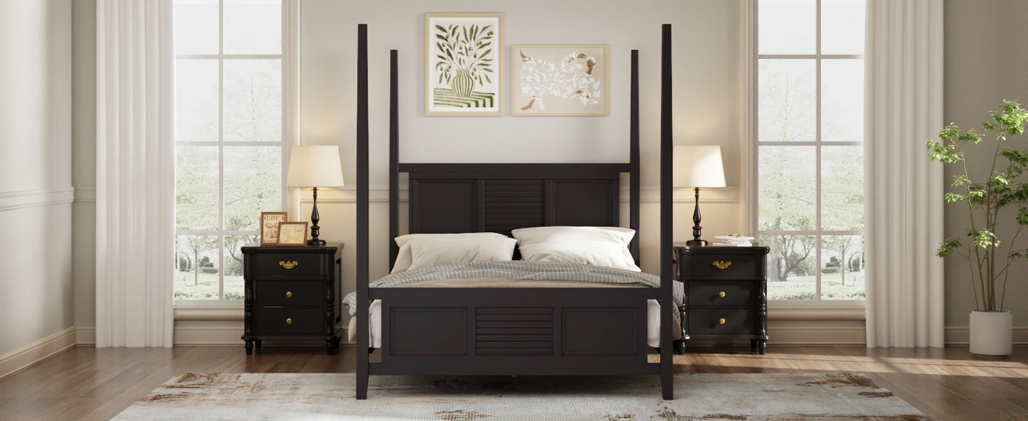 Traditional Queen Size Solid Wood Four Poster Bed with Horizontal Grille Design, Espresso