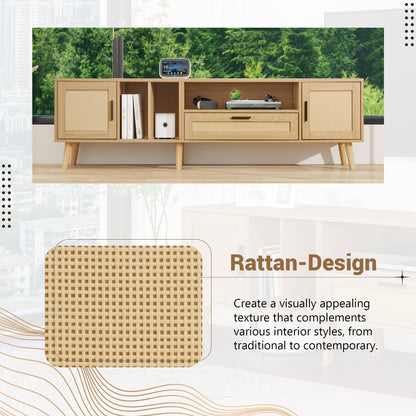 Rattan TV Stand with 2 Cabinets & 2 Open Shelves, Rattan-inspired Media Console Table for TVs up to 80'', Entertainment Center with Solid Wood Legs, TV cabinet for Living room, Bedroom, Home Theatre