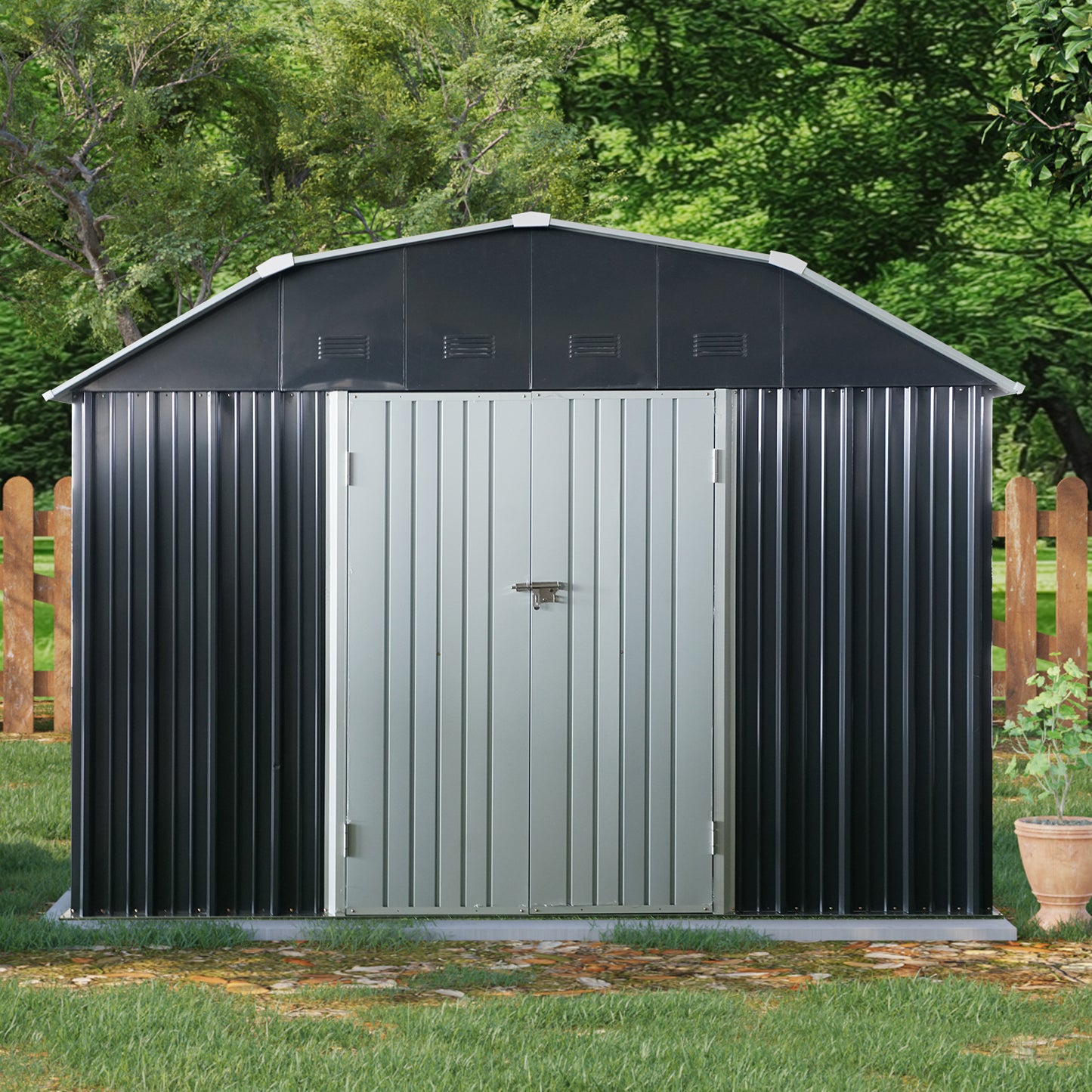 10 ft x 12 ft Outdoor Metal Storage Shed with Arch Roof with Lockable Doors for Backyard Garden Patio Lawn, Black