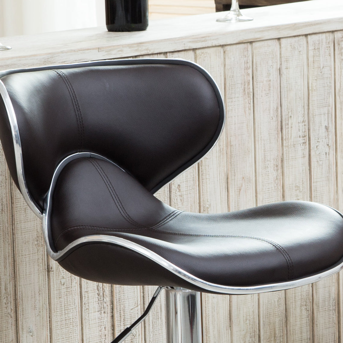 Masaccio Upholstery Airlift Adjustable Swivel Barstool with Chrome Base, Set of 2, Dark Brown