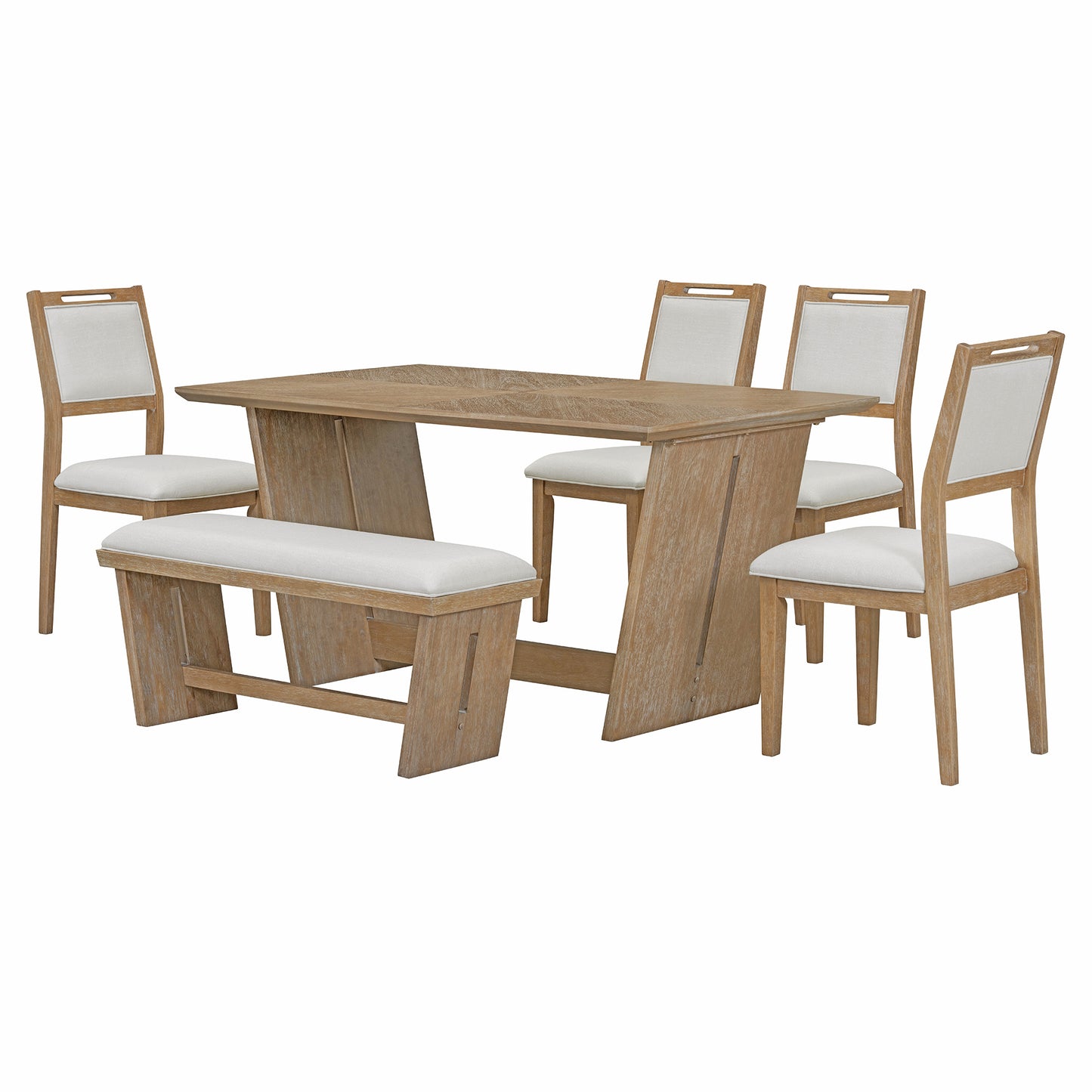 TREXM 6-Piece Retro Dining Set, 1 Rectangular Table with Stable Trapezoidal Table Base and 4 Upholstered Chairs and 1 Bench for Dining Room and Kitchen (Natural Wood Wash)