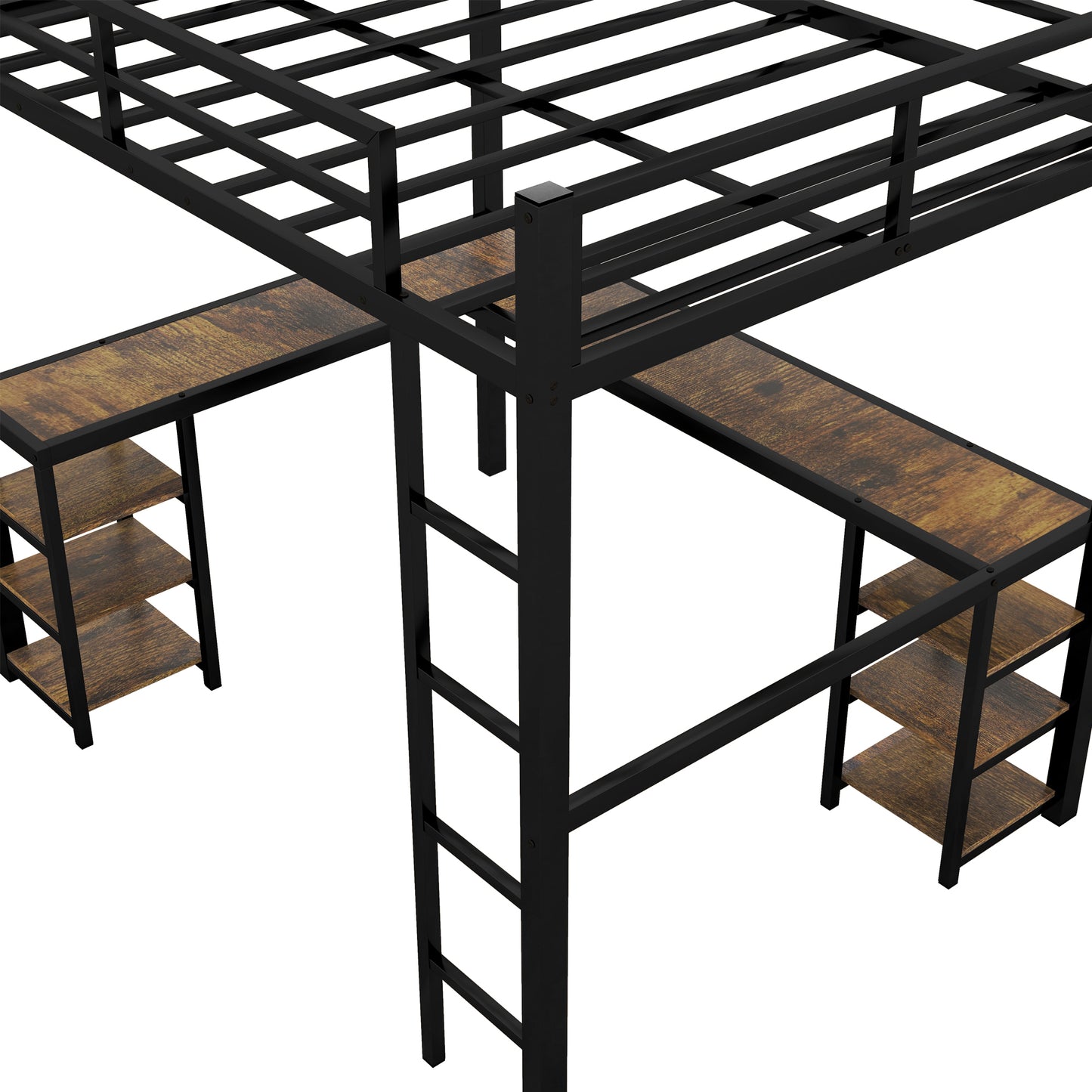 Full Metal Loft Bed with Desk and Shelves, Loft Bed with Ladder and Guardrails, Loft Bed Frame for Bedroom, Black with Vintage wood-colored desk(Old SKU: W1307S00022)