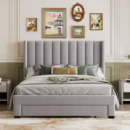 Queen Size Storage Bed Velvet Upholstered Platform Bed with a Big Drawer - Gray