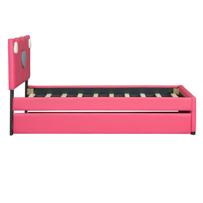 Twin Size Upholstered Platform Bed with Trundle and Heart Shaped Decoration, Dark Pink