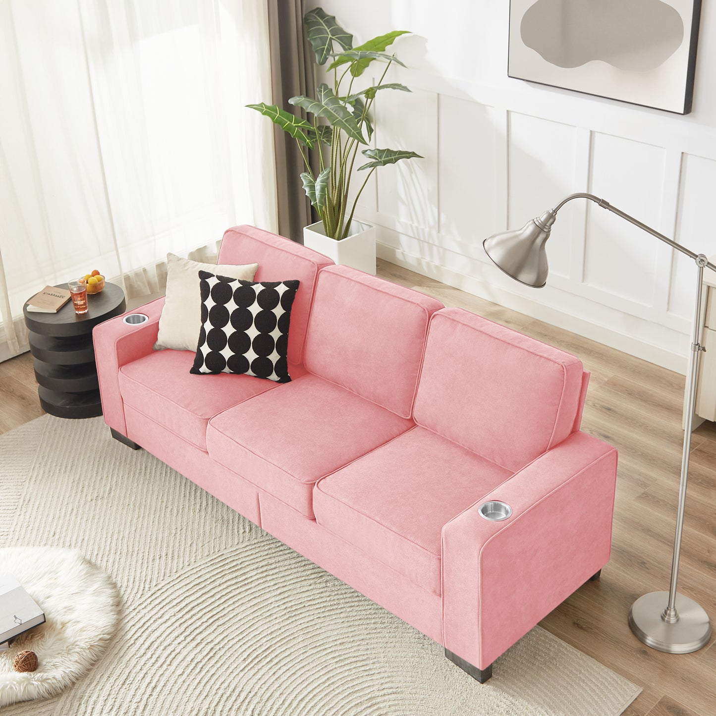 83.86"Snowfleece Fabric sofa,Modern Compressed Couch,3-Seater Sofa, Furniture for Living Room,Bedroom,office ,Pink