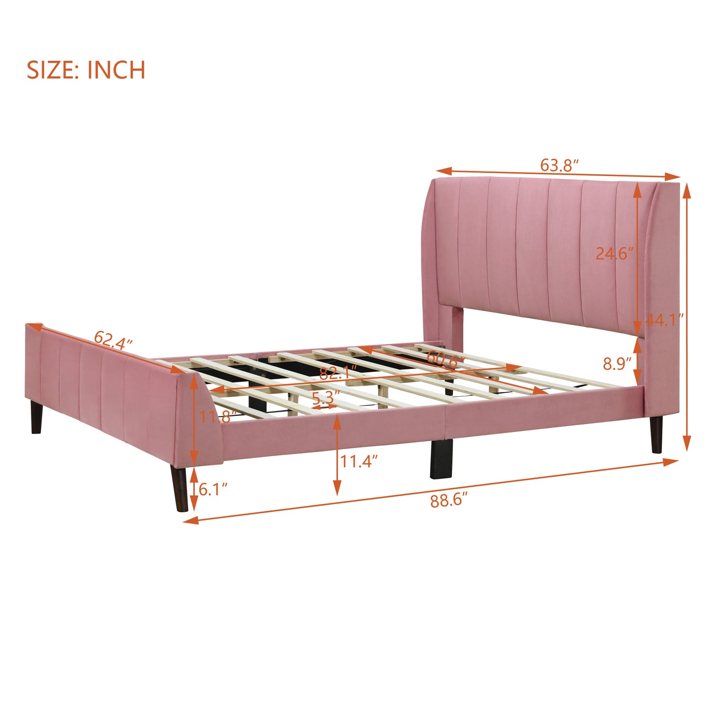 Queen Size Upholstered Platform Bed, Velvet, Pink