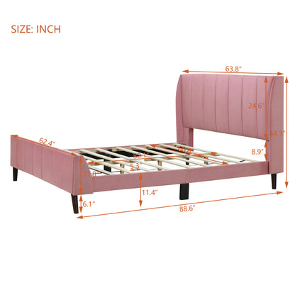 Queen Size Upholstered Platform Bed, Velvet, Pink