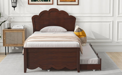 Twin Size Wood Platform Bed with Headboard and Twin Size Trundle, Cappuccino