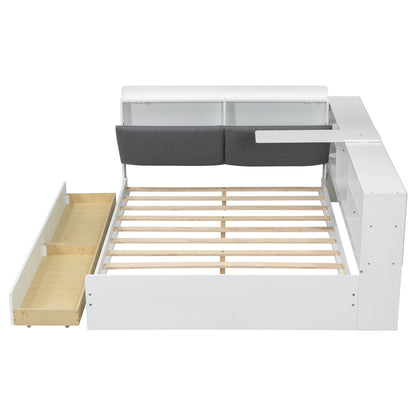 Wood Full Size platform bed with Storage Headboard, Shelves and 2 Drawers, White