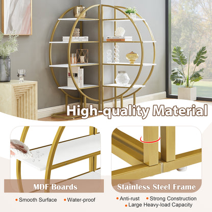 4 Tiers Home Office Open Bookshelf, Round Shape, Different Placement Ways, MDF Board, Gold Metal Frame, White