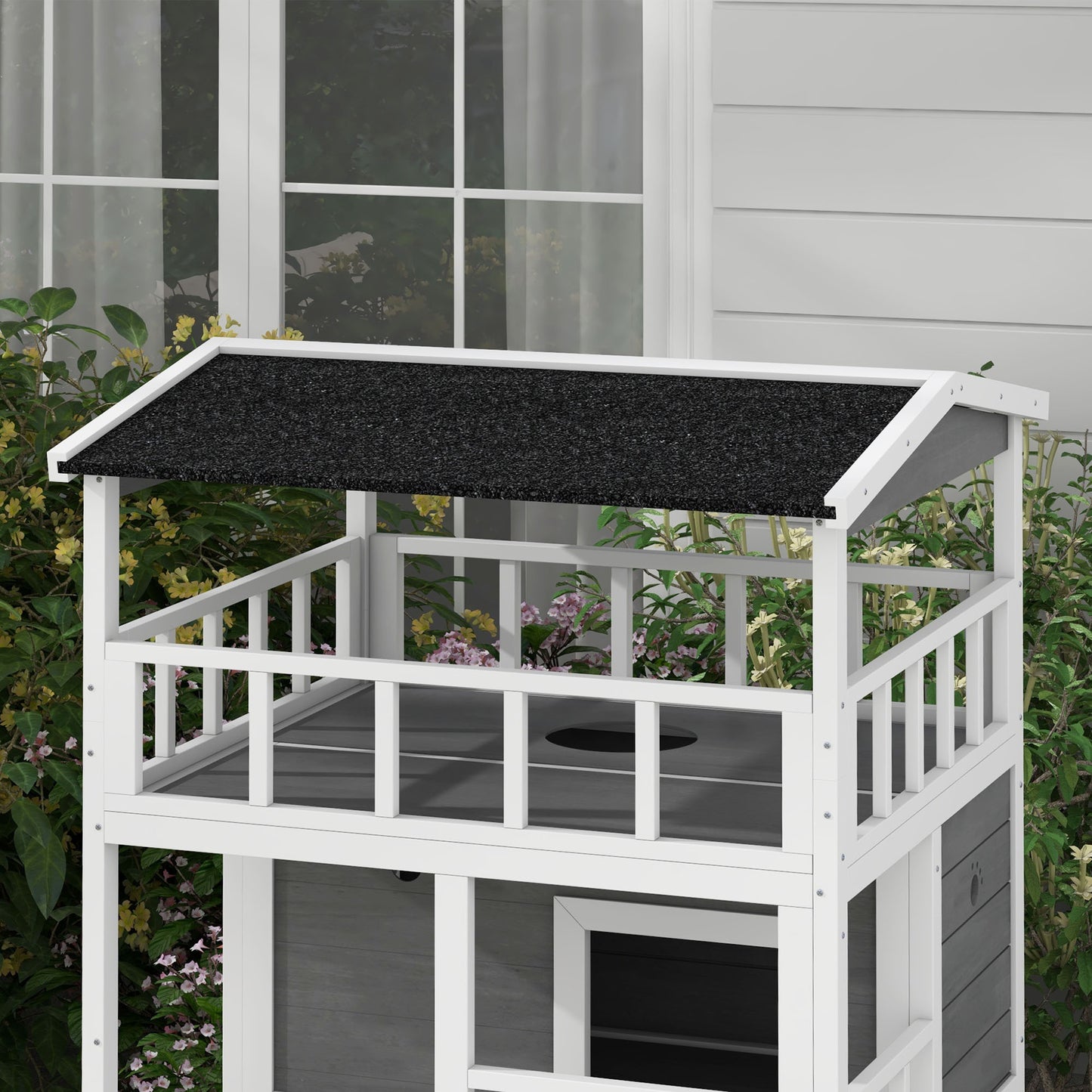 PawHut Wooden Outdoor Cat House, Feral Cat Shelter Kitten Condo with Asphalt Roof, Escape Doors, Condo, Jumping Platform, Light Gray