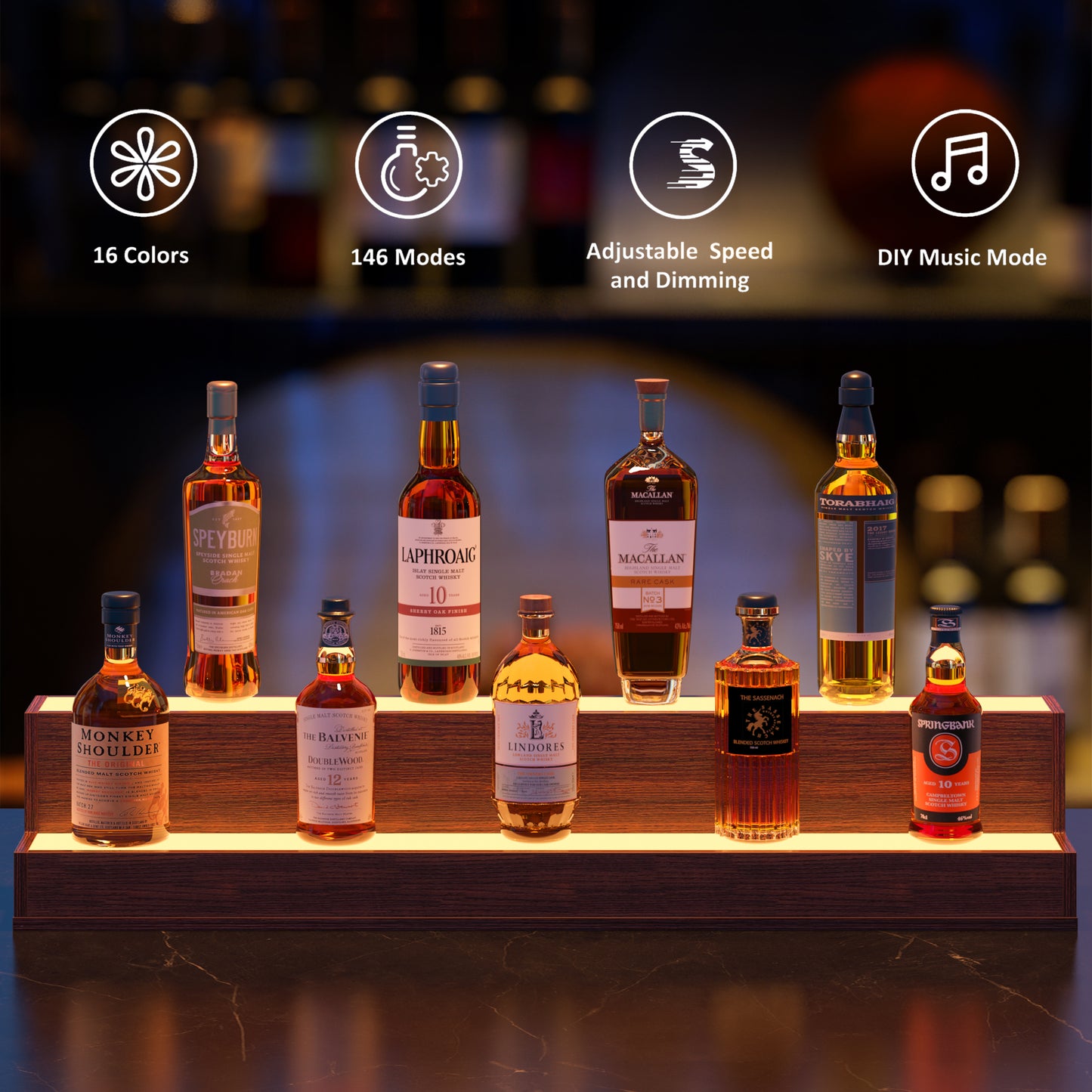 LED Lighted Liquor Bottle Display Shelf, 37 Inch Bar Display Shelf, DIY Illuminated Bottle Shelf with App & Remote Control, 2 Step Freestanding Holding Bottles for Home Bar, Party, Walnut