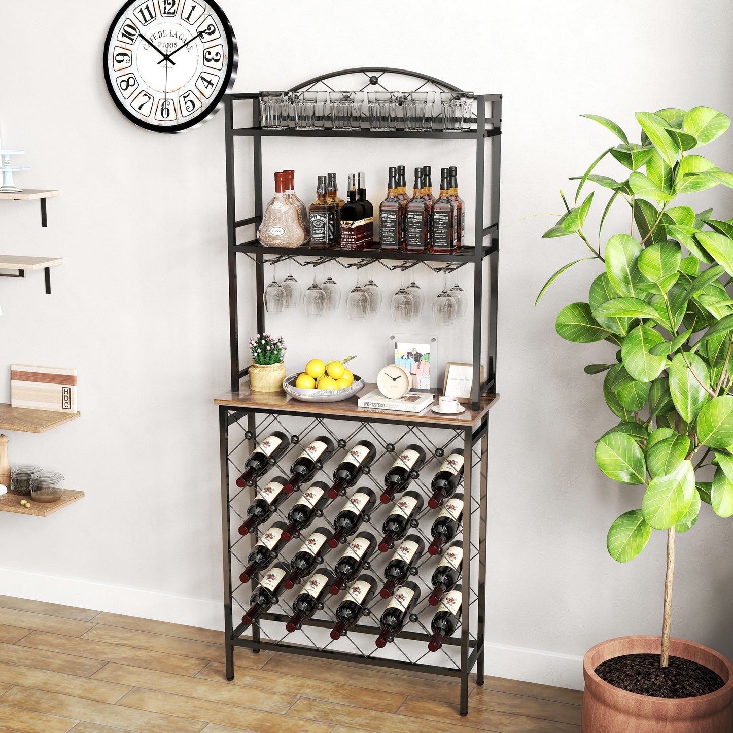 Industrial Wine Rack Bar Table, 3-Tier Liquor Bottle and Glass Holder with Storage Shelves, Metal and Wood Wine Organizer for Home Kitchen, Dining Room, and Living Room