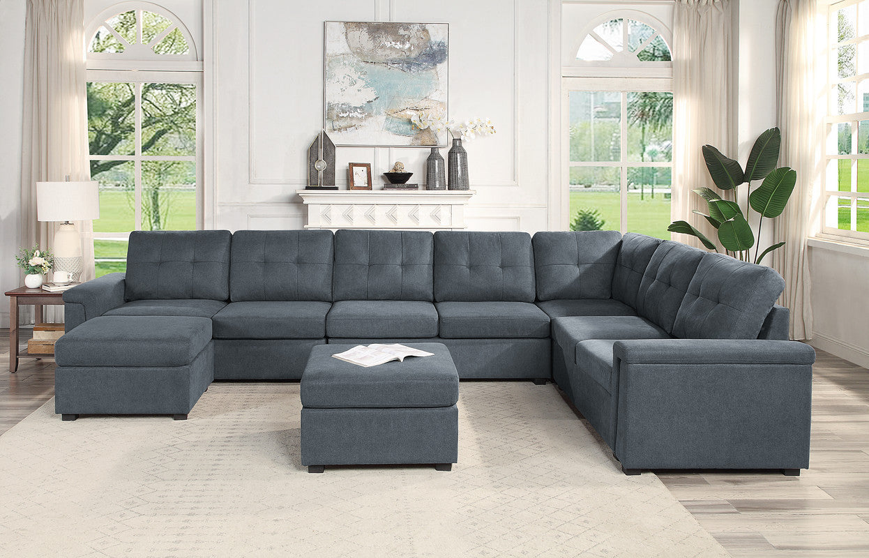 Isla 145" Gray Woven Fabric 9-Seater Sectional Sofa with Ottomans