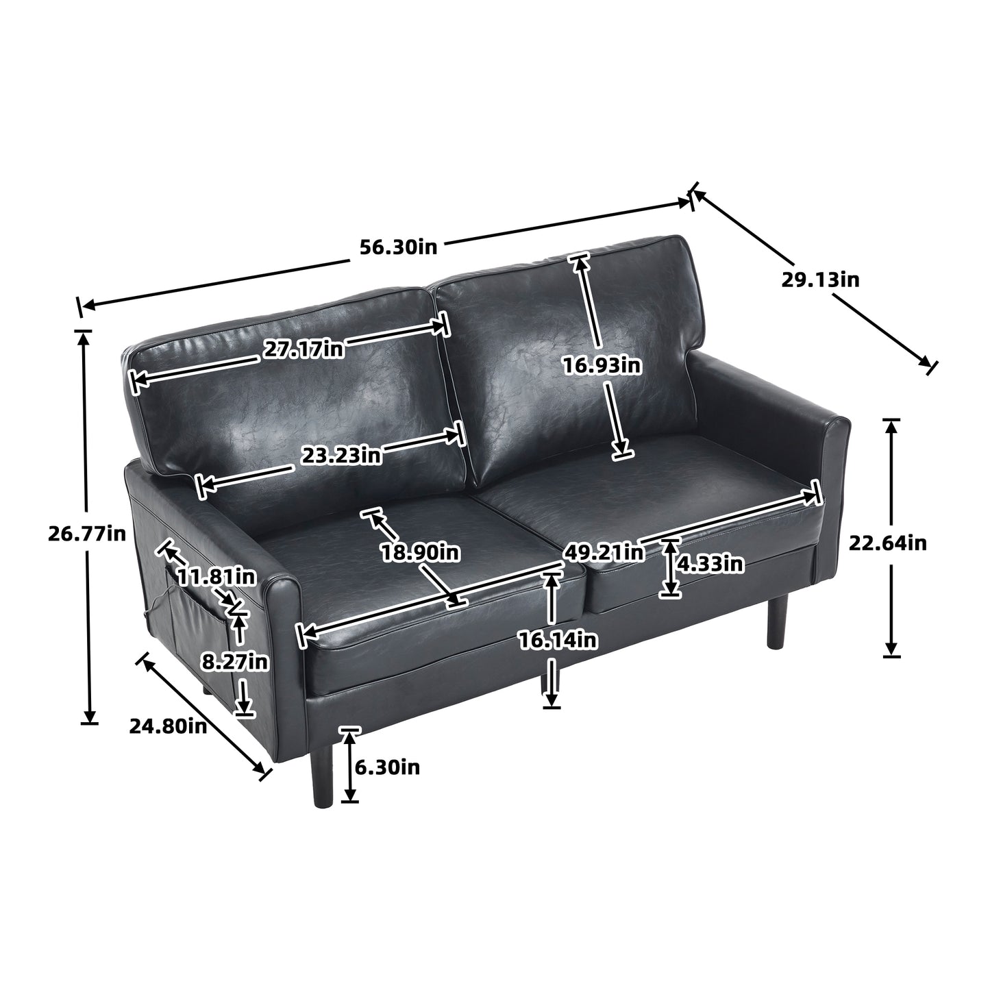 COOLMORE Loveseat Sofa, Mid Century Modern Love Seat, 2 Seater Sofa Couches for Living Room, Small Couch with USB & Removable Pillow Cover, Comfy Couch for Bedroom, Apartment (Black PU)