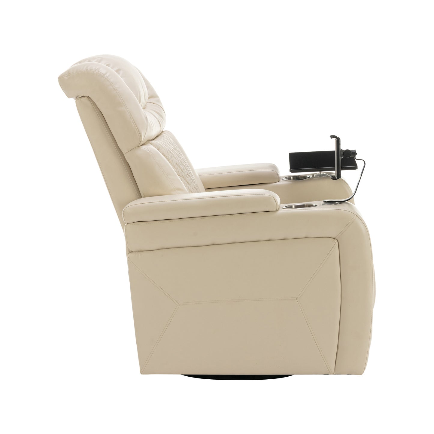 270 Degree Swivel PU Leather Power Recliner Individual Seat Home Theater Recliner with  Comforable Backrest, Tray Table,  Phone Holder, Cup Holder,  USB Port, Hidden Arm Storage for Living Room, White