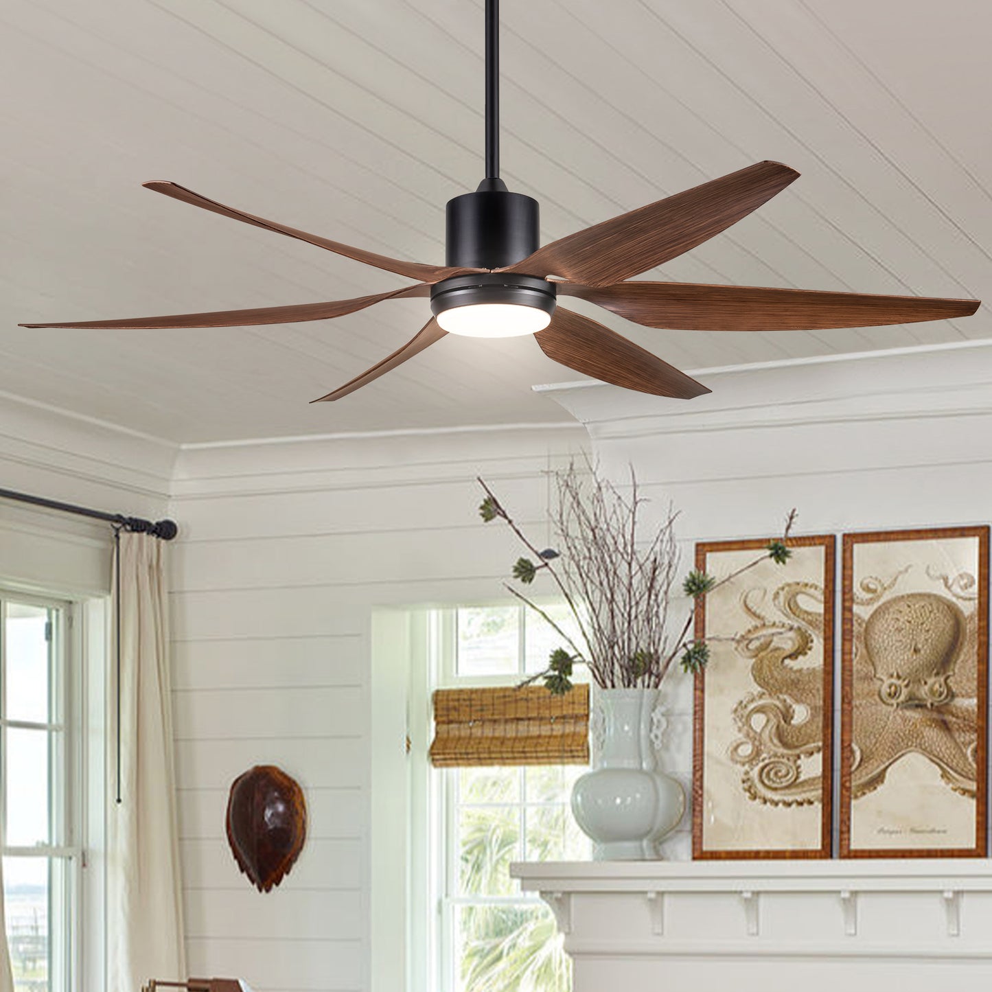 66" Vintage Ceiling Fan  Lighting with Brown Blades in Integrated LED