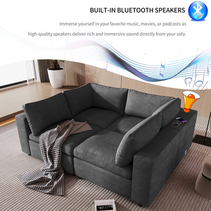 U-style Upholstered Modular Sofa with  with Storage Space, USB Charge Ports,Wireless Charging and Built-in Bluetooth Speaker in Arm,Sectional sofa for Living Room Apartment.[old sku:WY000317AAE]