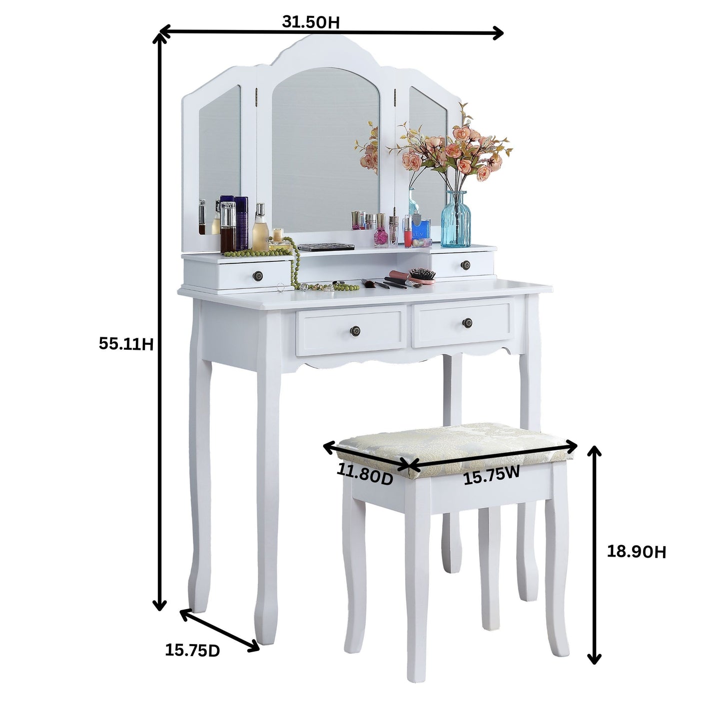 Sanlo Wooden Vanity Make Up Table and Stool Set, White