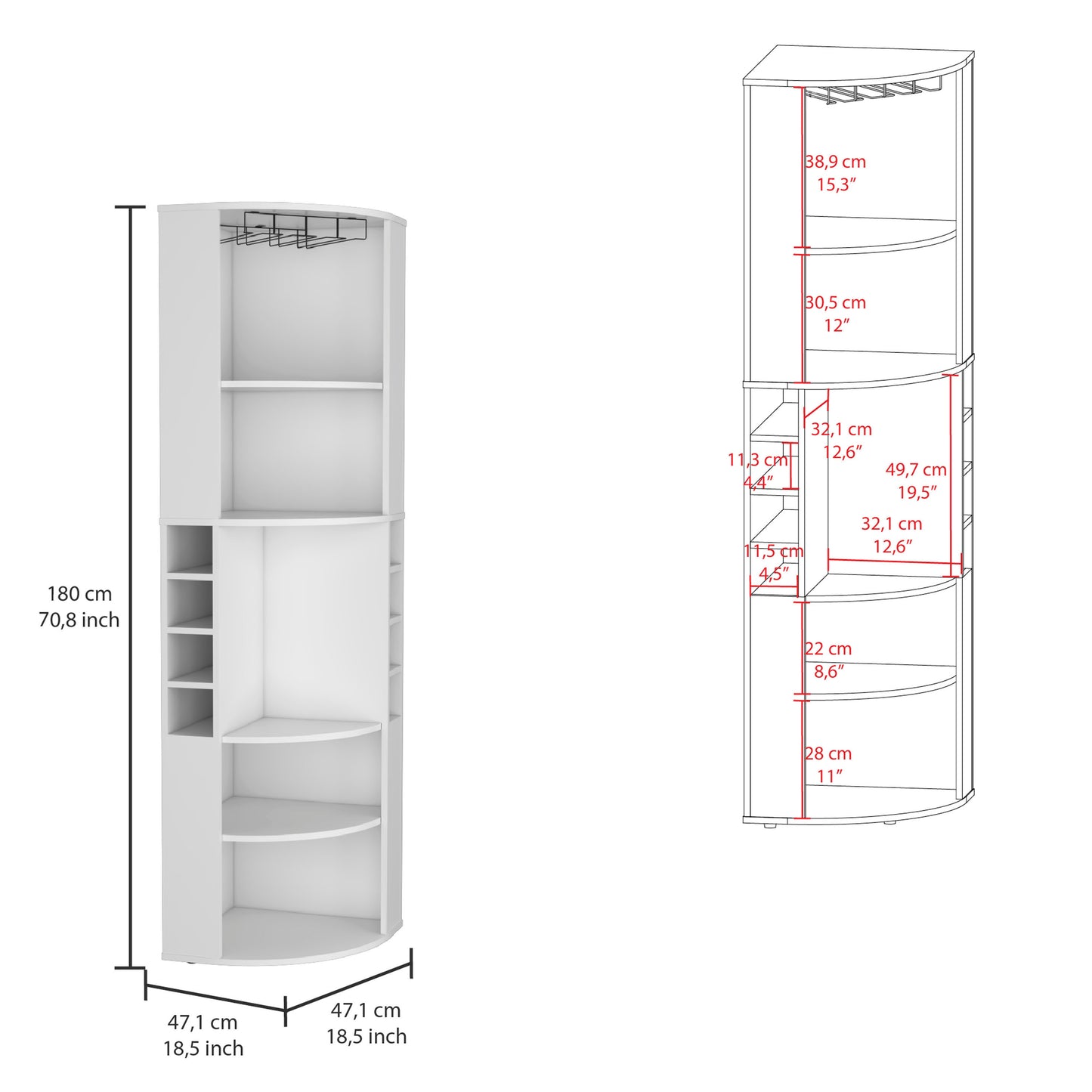 Oban Corner Bar Cabinet with Five Shelves , Eight Bottle Cubbies and Steamware White