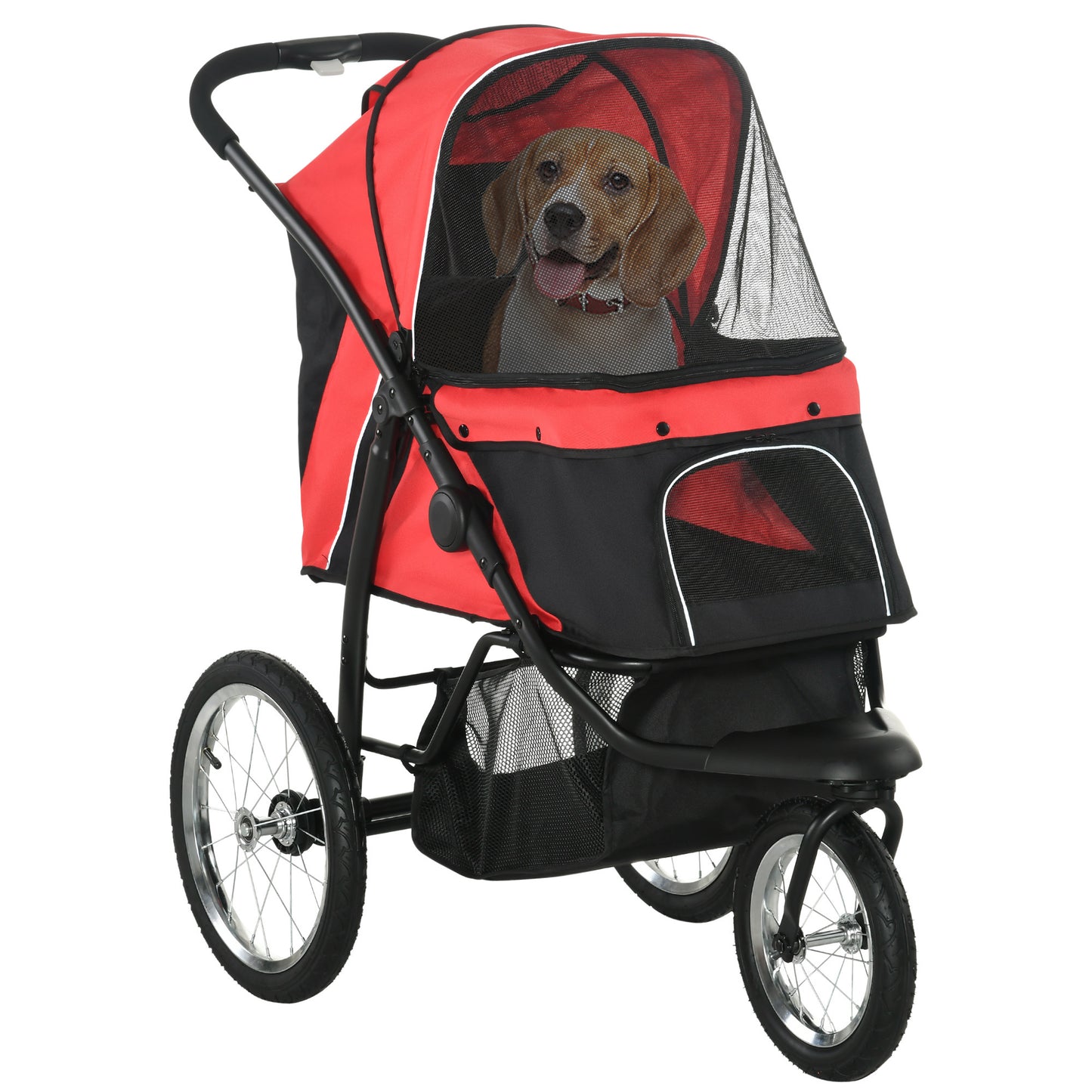 PawHut Pet Stroller for Small and Medium Dogs, 3 Big Wheels Foldable Cat Stroller with Adjustable Canopy, Safety Tether, Storage Basket, Red