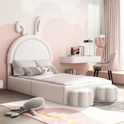 Twin size Upholstered Rabbit-Shape Bed with 2 Storage Stools, Velvet Platform Bed with Cartoon Ears Shaped Headboard, White