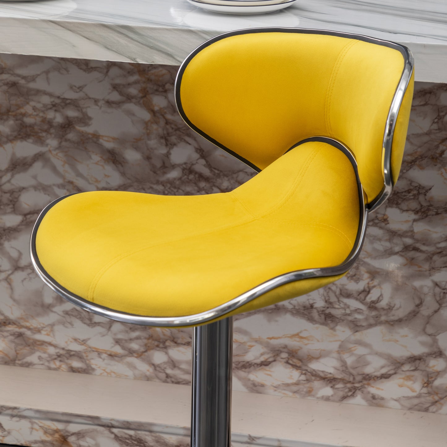 Masaccio Velvet Upholstered Adjustable Swivel Barstool, Set of 2, Yellow