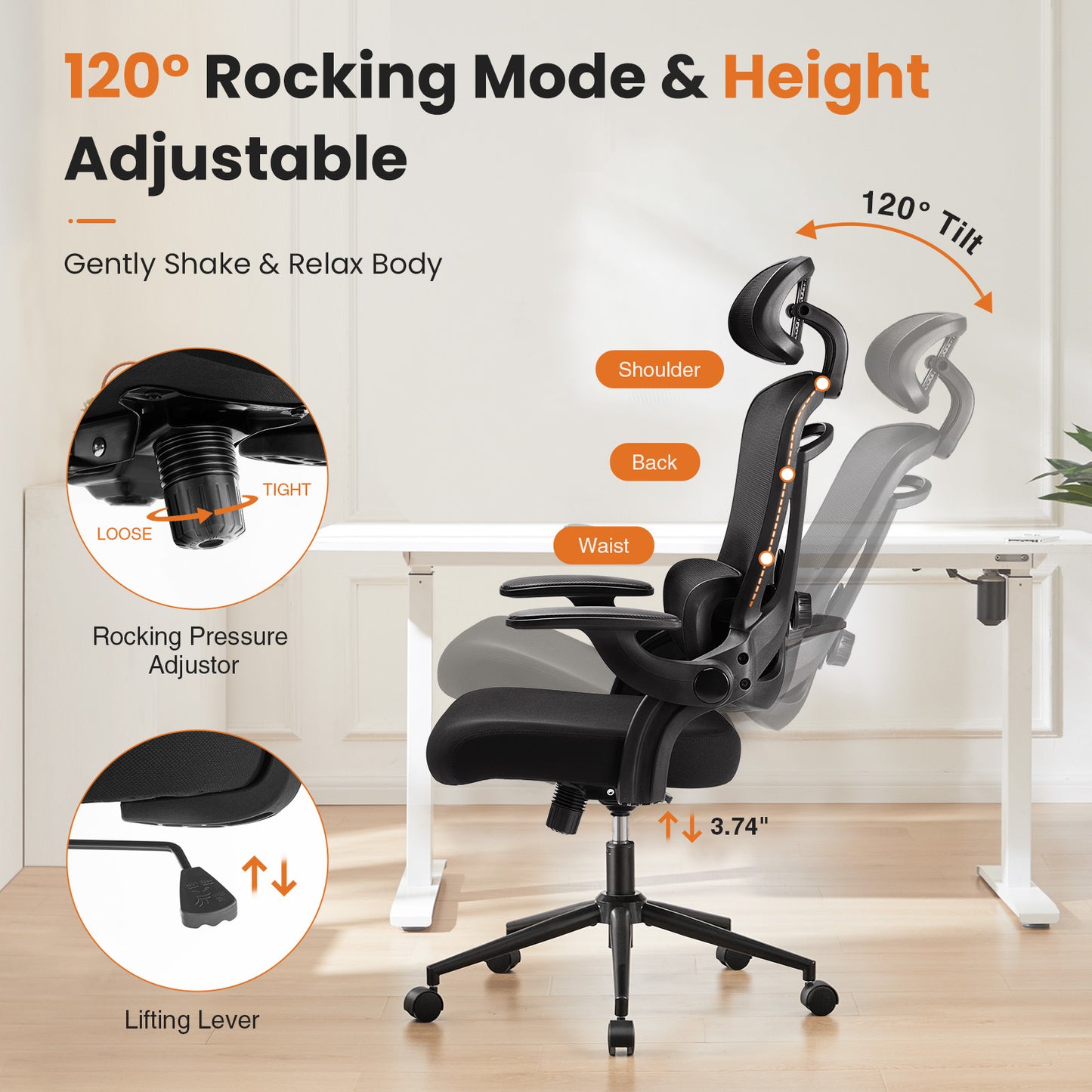 High Back Desk Chair with Adjustable Lumbar Support & Headrest,Comfortable Mesh Computer Chair with Soft Flip Up Arms, Adjustable Height and 120°Tilt,Black