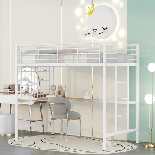 Twin Metal Loft Bed with Desk and Metal Grid,White