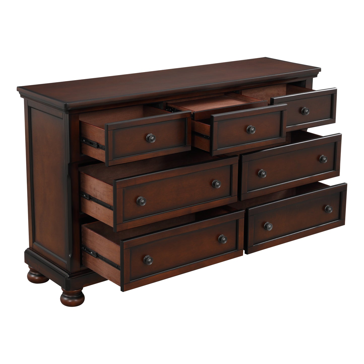 Classic Transitional Dresser of 7 Drawers Brown Cherry Finish Birch Veneer Hidden Drawer Bun Feet Bedroom Traditional Furniture