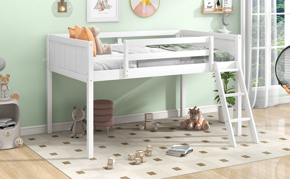 Twin Size Wood Low Loft Bed with Ladder, ladder can be placed on the left or right, White