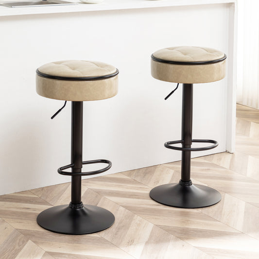 Round Storage Bar Stool Set of 2, Khaki Faux Leather Height Adjustable Barstool, 360°Counter Height Swivel Stool, Armless Bar Chair with Metal Frame for Kitchen Counter Dining Living Room