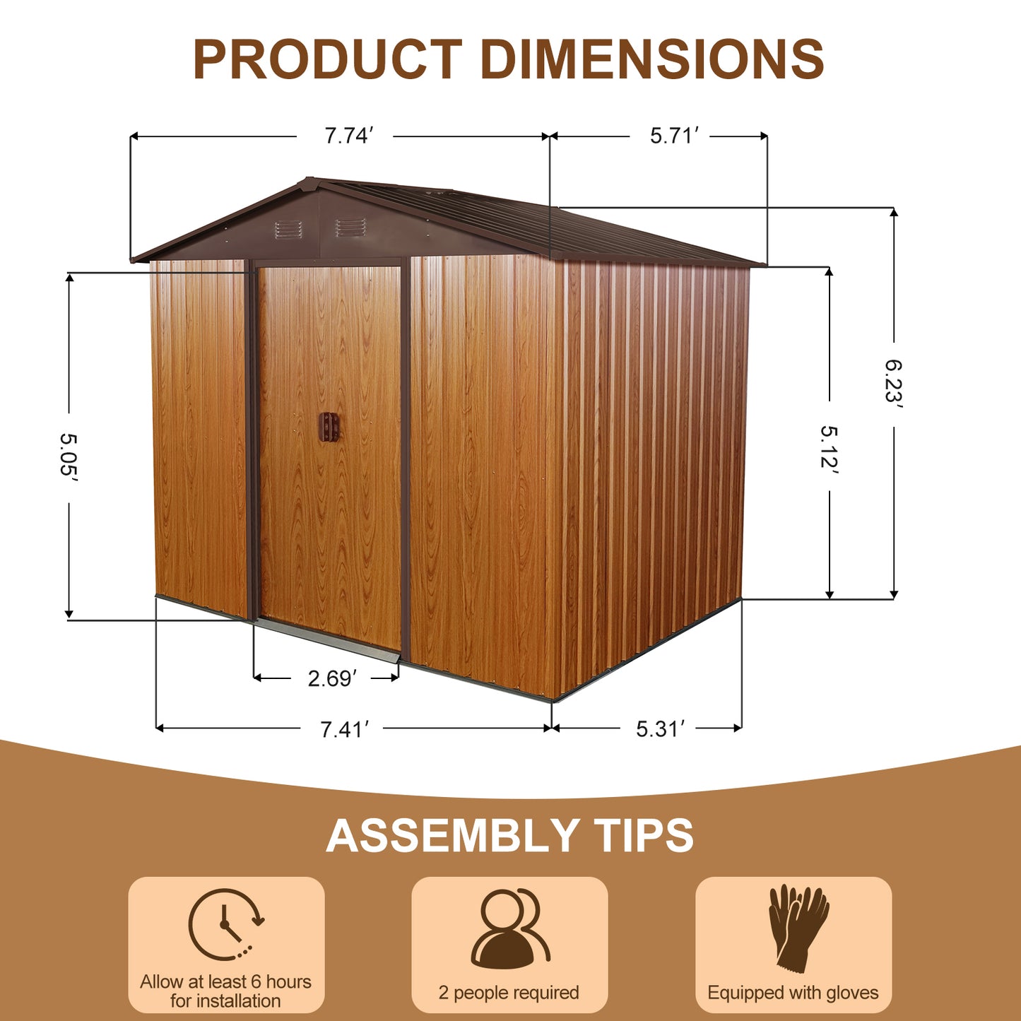 8ft x 6ft Outdoor Metal Storage Shed with Metal foundation,Coffee(W540S00014)