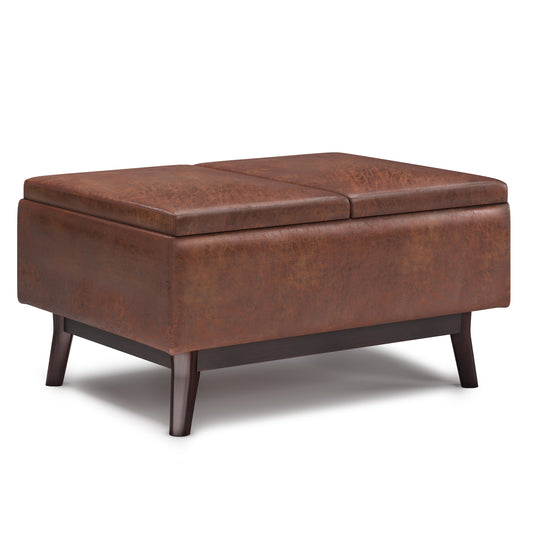 Owen - Tray Top Small Coffee Table Storage Ottoman - Distressed Saddle Brown