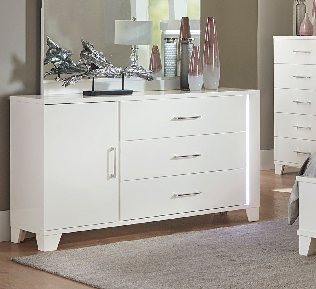 White High Gloss Finish Modern Bedroom 1pc Dresser with Drawers Adjustable Shelfs LED Light Strip Wooden Furniture