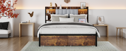 King Size Bed Frame with 2 Storage Drawers and LED Lights Headboard, Upholstered king Bed Frame with Charging Station, No Box Spring Needed, Easy Assembly