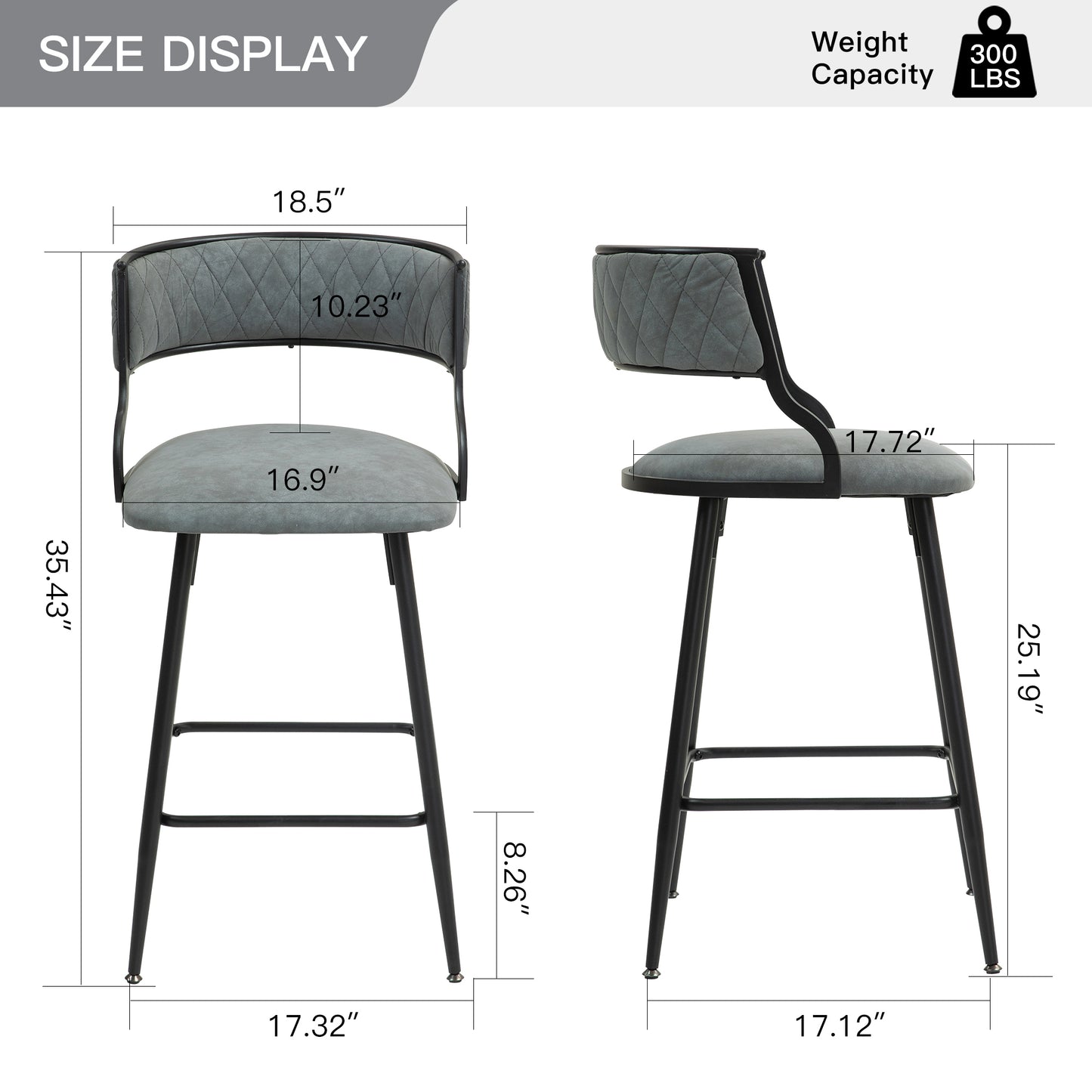 26'' Counter height bar stools PU cover kitchen island counter bar stool with black powder coating base and footrest(Grey)