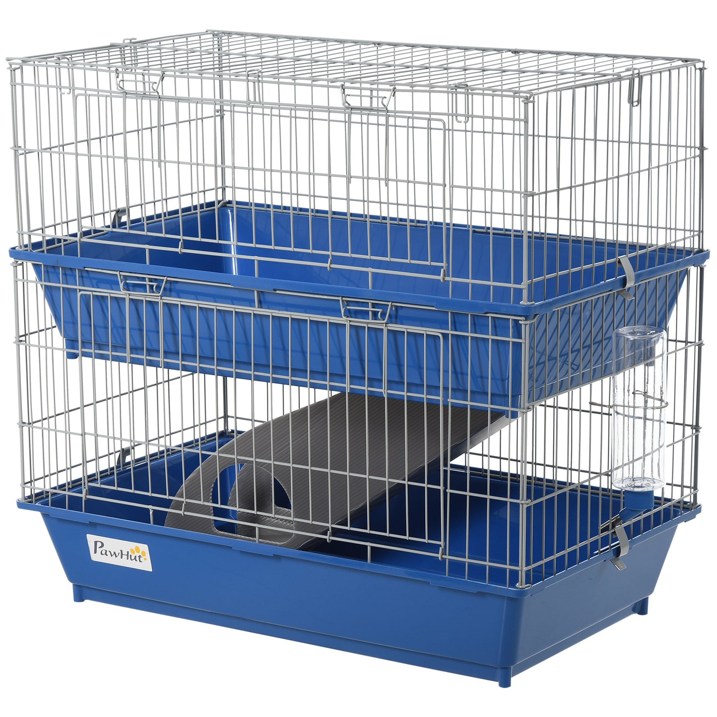 PawHut 2-Tier Guinea Pig Cage, Ferret Cage, Chinchilla Cage, Small Animal Cage Indoor with Dish and Bottle, 2 Doors, Deep Bottoms, Ramp, 28", Blue