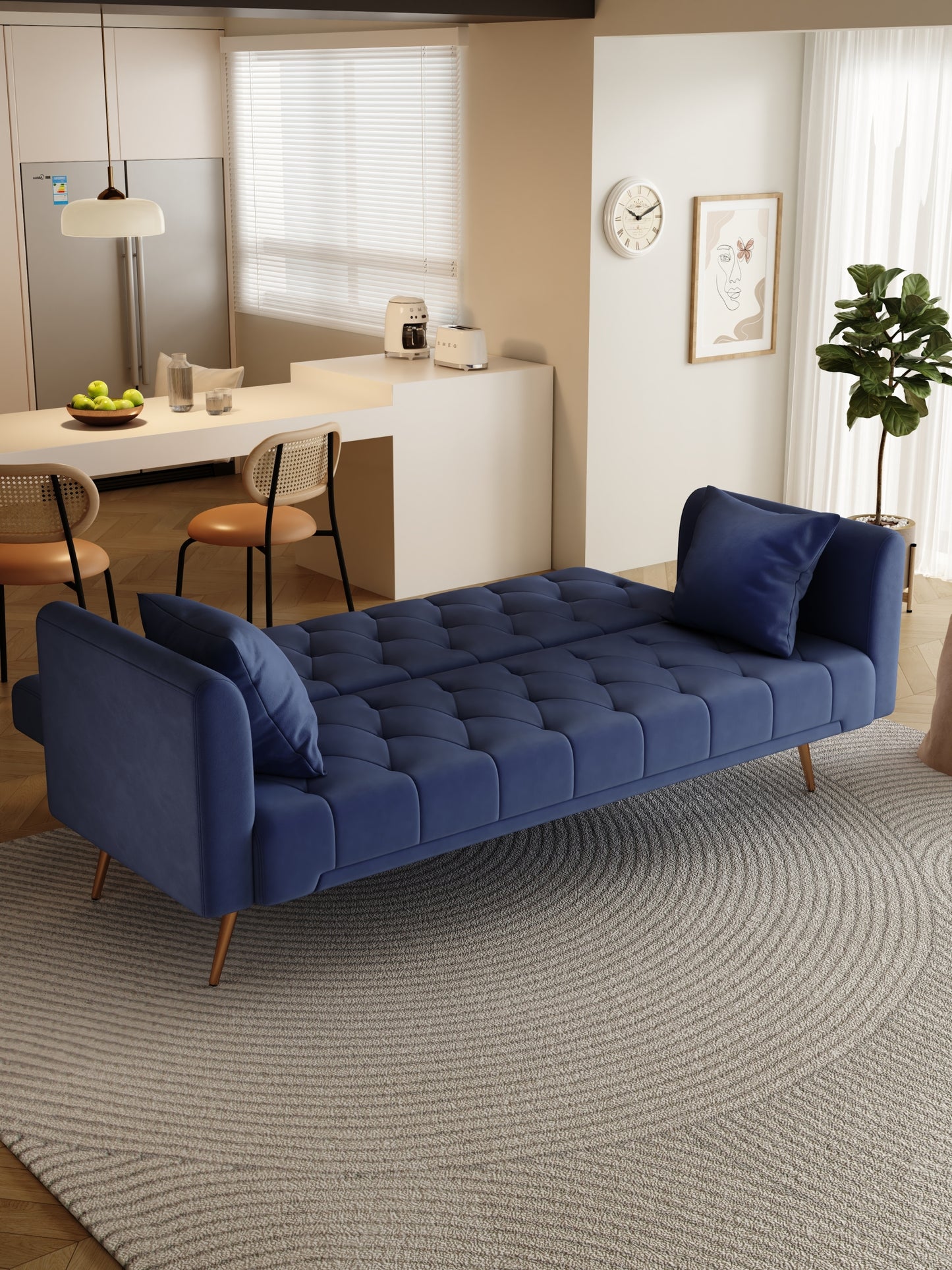 71-inch convertible love seat sofa, American retro blue velvet material, suitable for small living room, bedroom, office