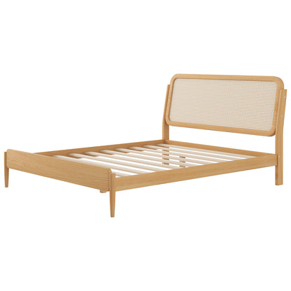 Queen Size Wood Storage Platform Bed with LED Light, Rattan Headboard, Nature